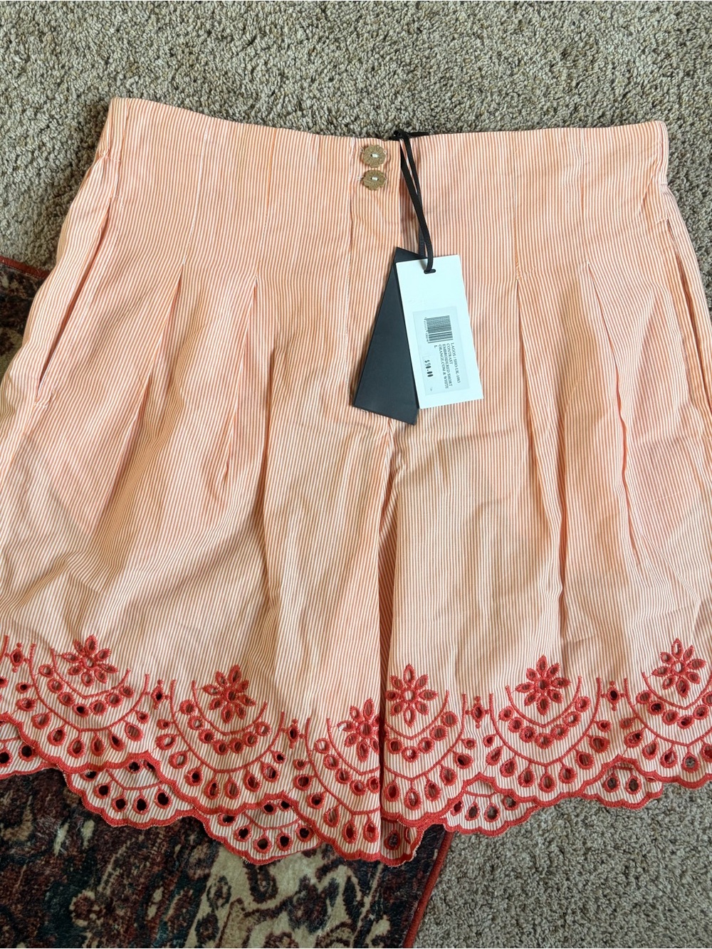 NWT One Collective Peach Stripe Shorts with Red Scallop Embroidery
